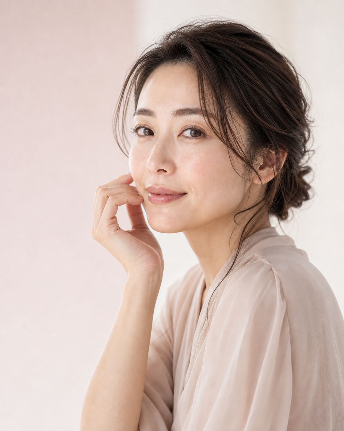 自然な表情で肌に触れる女性のポートレート